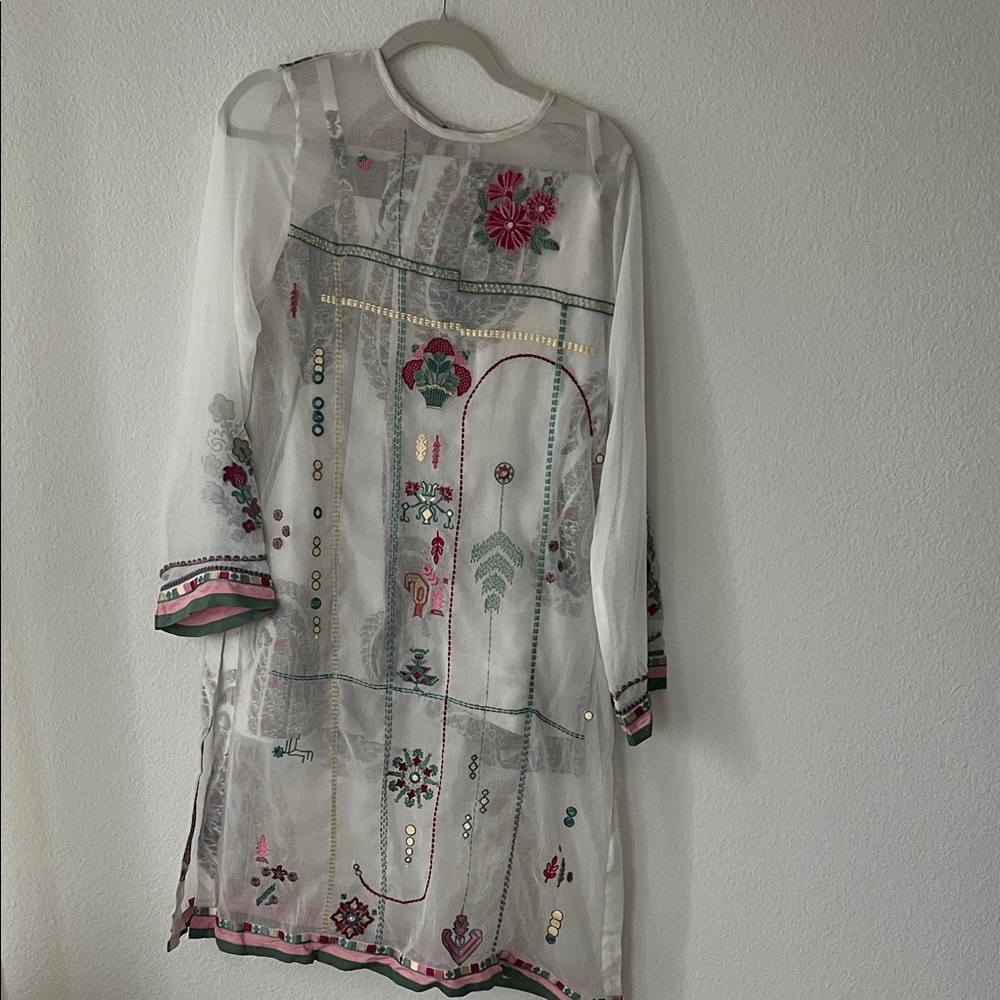 Ethnic Embroidered Sheer Long Sleeve Dress in White and Pink